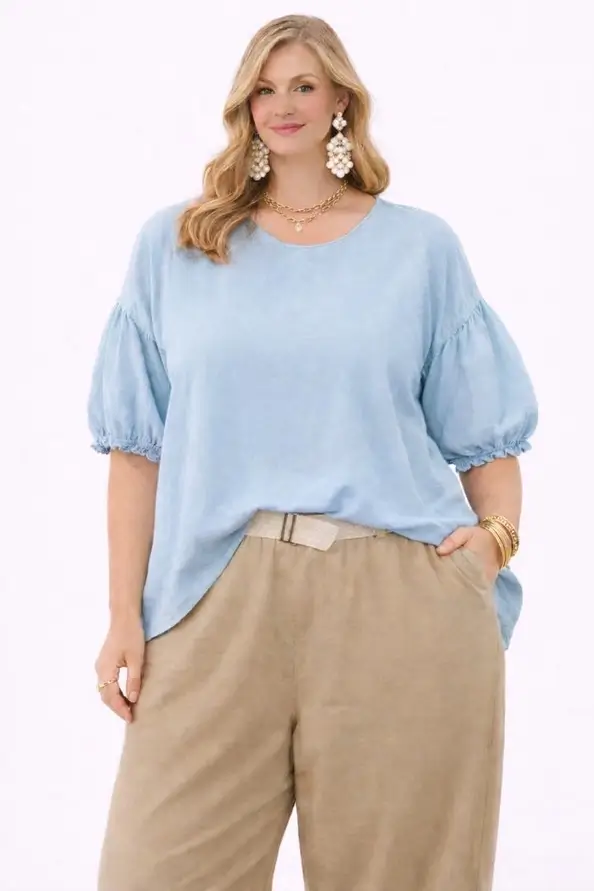 Bohemisk bomullsblus med puffärm och spets Ljusblå, Rosa ,Kakhi Plus-size strl