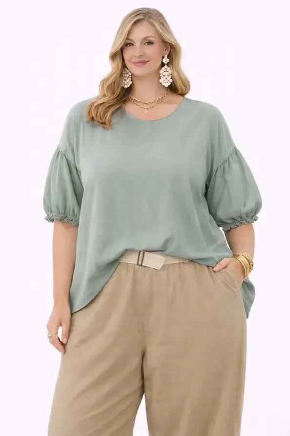 Bohemisk bomullsblus med puffärm och spets Ljusblå, Rosa ,Kakhi Plus-size strl - Bild 4