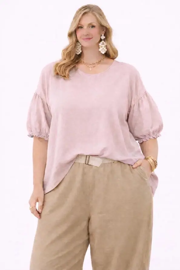 Bohemisk bomullsblus med puffärm och spets Ljusblå, Rosa ,Kakhi Plus-size strl - Bild 3