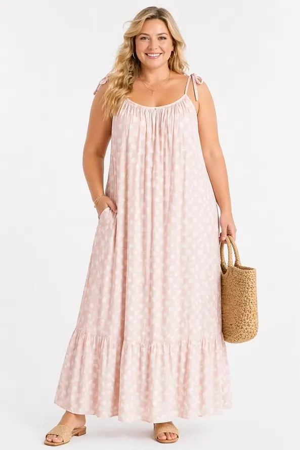 Lång Prickig Rosa Klänning i Plus Size