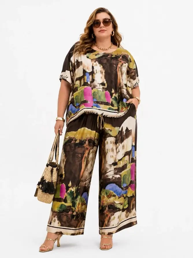 Set Palazzo Artistique Byxa +Topp Plus-size Brun