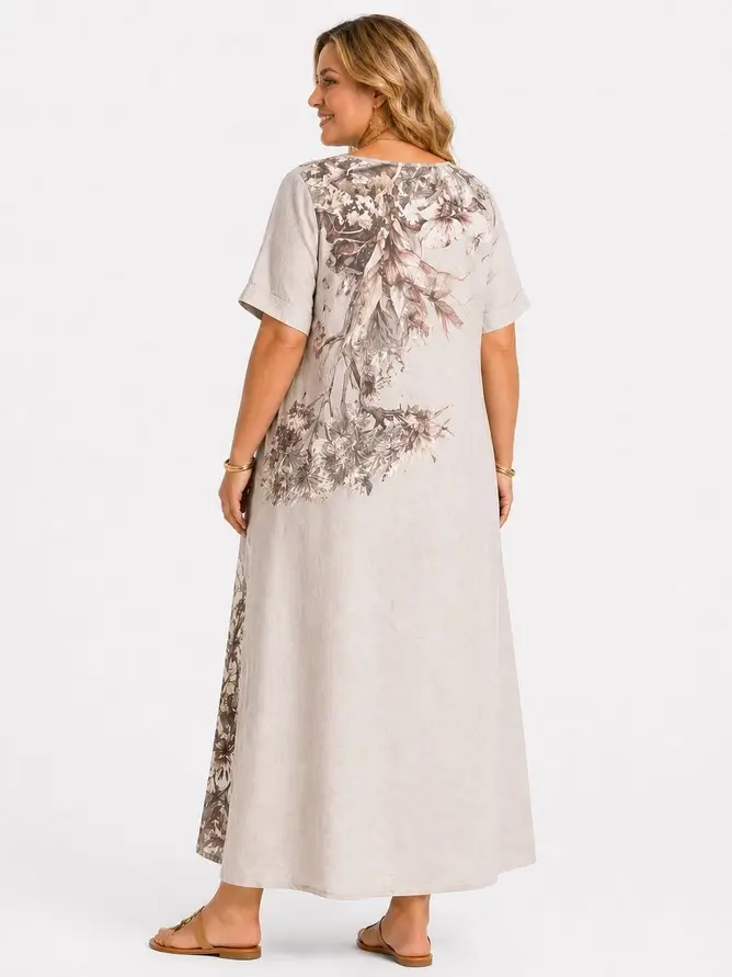 Lång klänning i linne med blommigt tryck Plus-size Beige - Bild 2