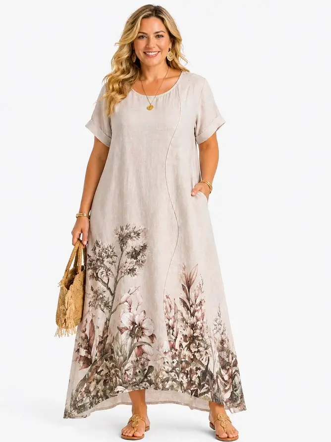 Lång klänning i linne med blommigt tryck Plus-size Beige
