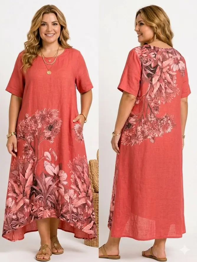 Lång klänning i linne med blommigt tryck Plus-size Rost