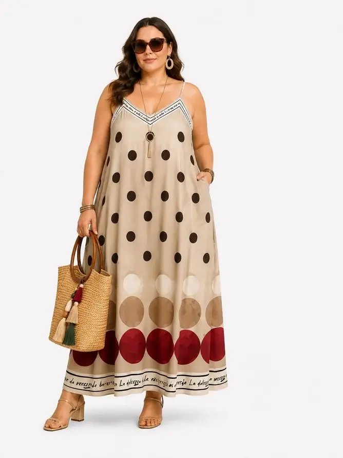 Lång prickig klänning Riviera Plus-size Beige