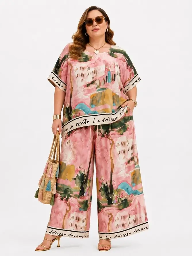 Set Palazzo Artistique Byxa och topp Plus-size Färg Rosa
