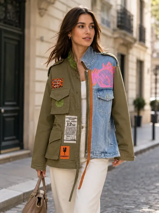 Oversized hybridjacka i militärstil och denim med blixtlås