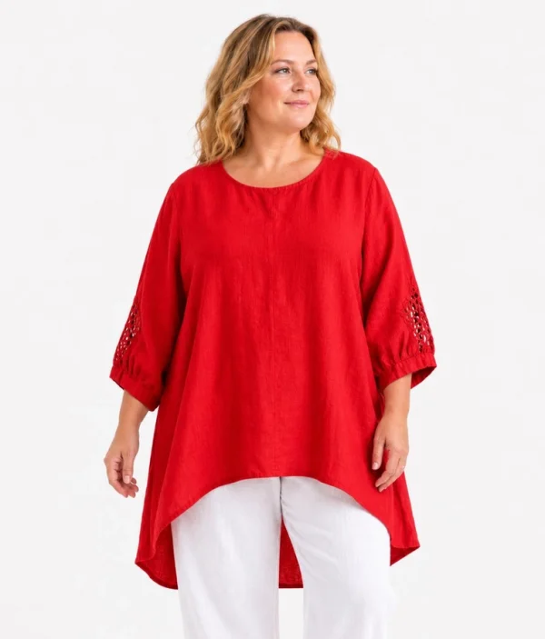 Tunika i linne med sprund i ryggen Onesize plus-size Vit och Röd - Bild 3