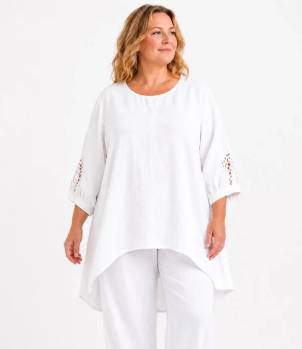 Tunika i linne med sprund i ryggen Onesize plus-size Vit och Röd